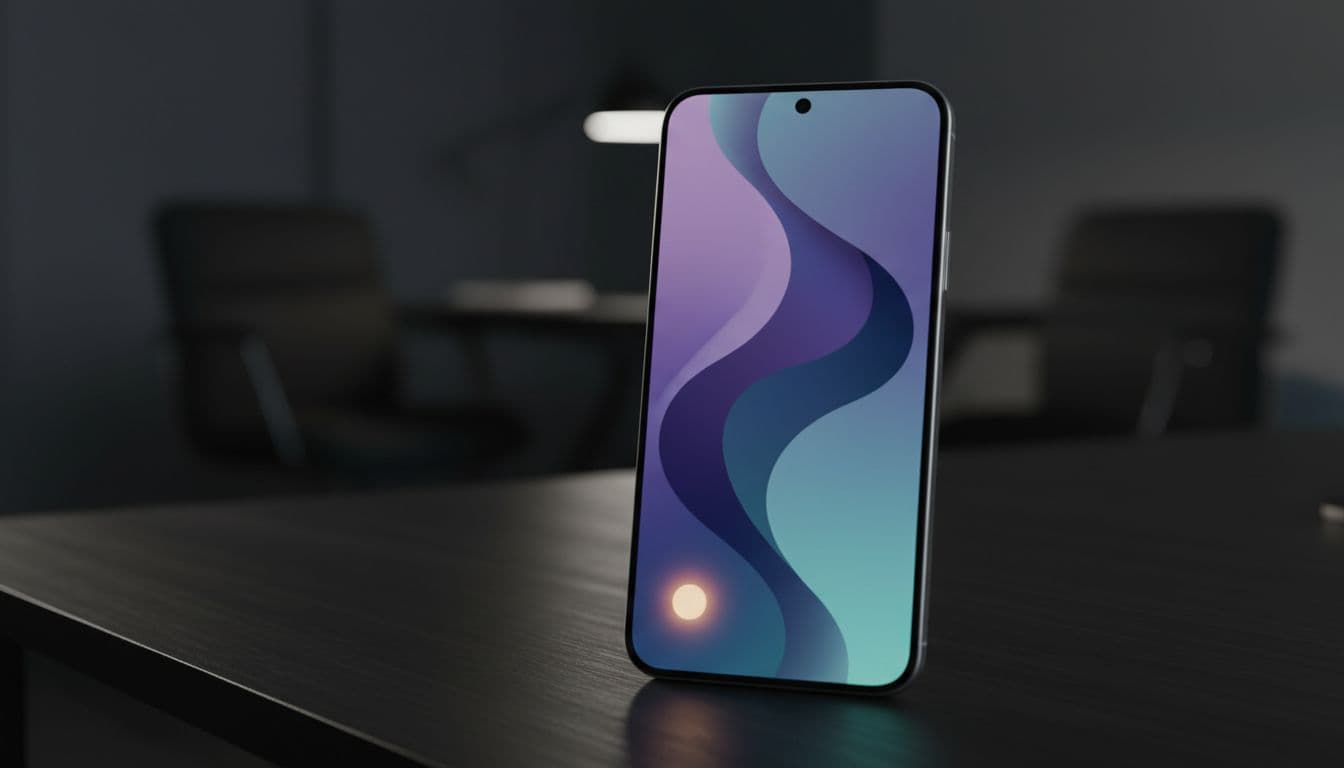 A smartphone on a dark desk showing an abstract vertical video in violet and teal light