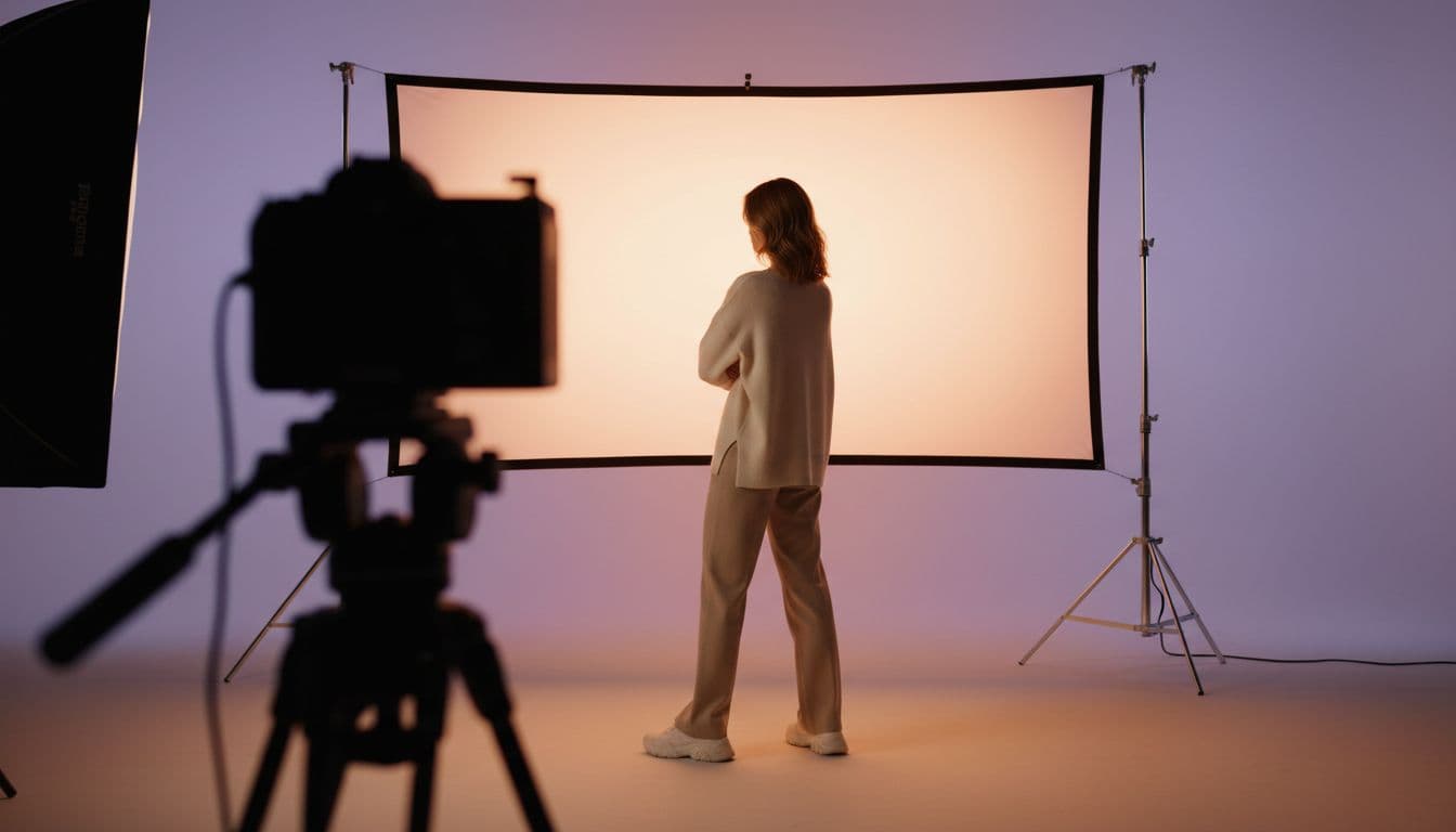 A creator seen from behind on a photo-studio set, facing a lit backdrop with a camera on a tripod in the foreground